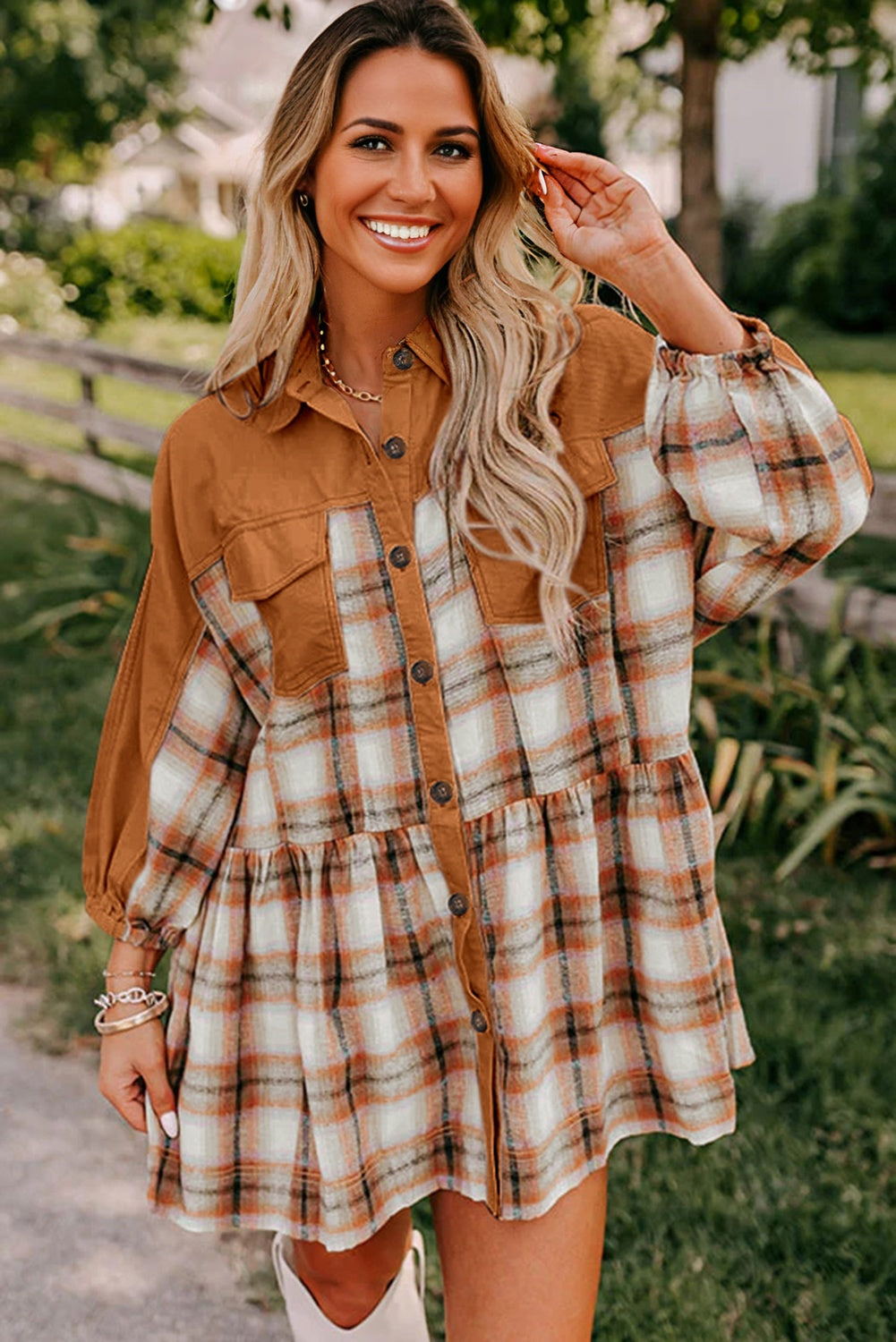 Khaki plaid patchwork ruffle hem tunic shirt dress by Dear-Lover, mini dress with color block design, long sleeves and casual style.