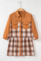 Khaki plaid patchwork ruffle hem tunic shirt dress by Dear-Lover, featuring color block design and mini length.