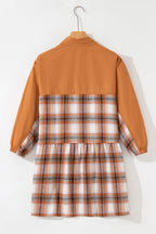 Khaki plaid patchwork tunic shirt dress with ruffle hem, mini length, made of polyester and cotton by Dear-Lover.