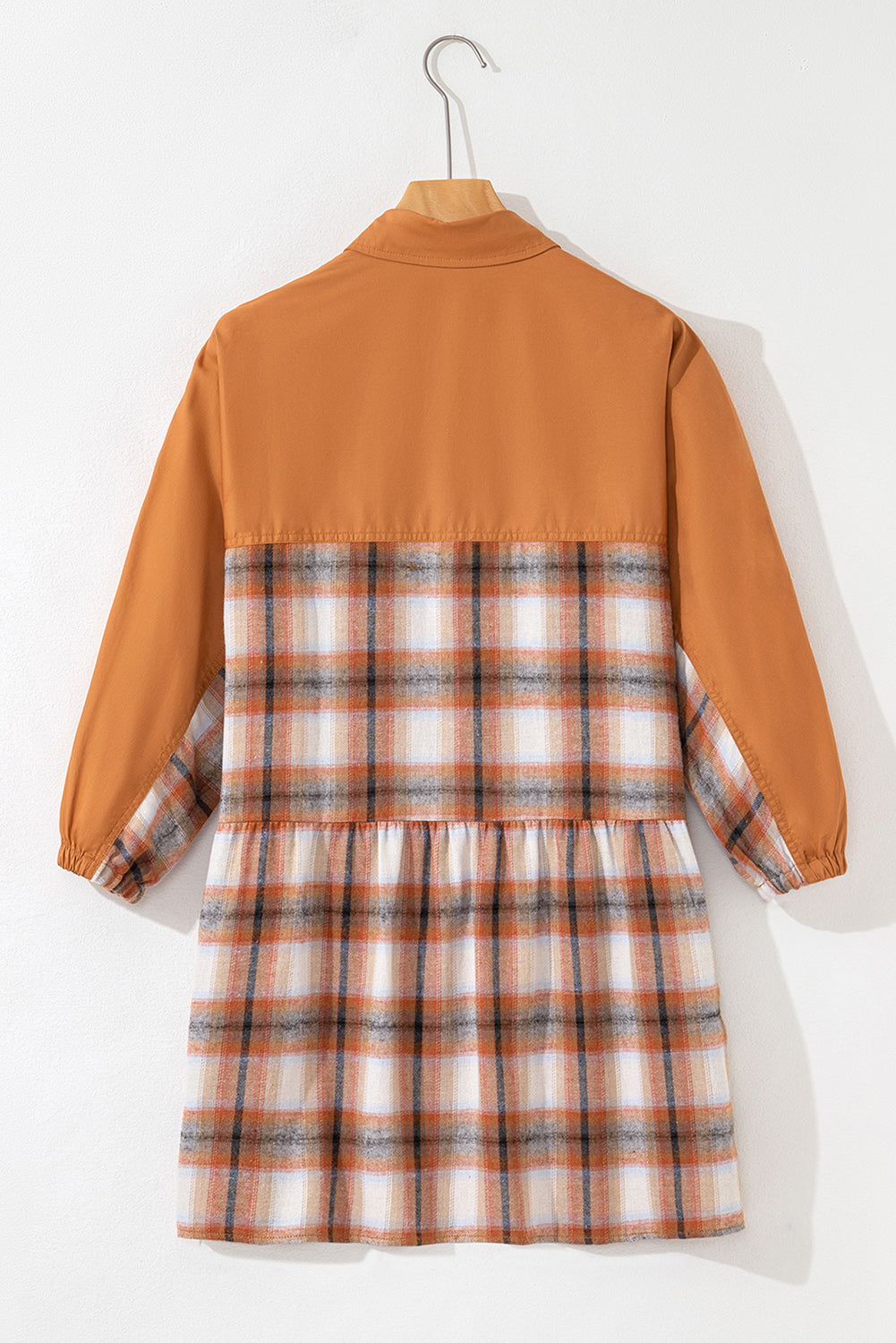 Khaki plaid patchwork tunic shirt dress with ruffle hem, mini length, made of polyester and cotton by Dear-Lover.