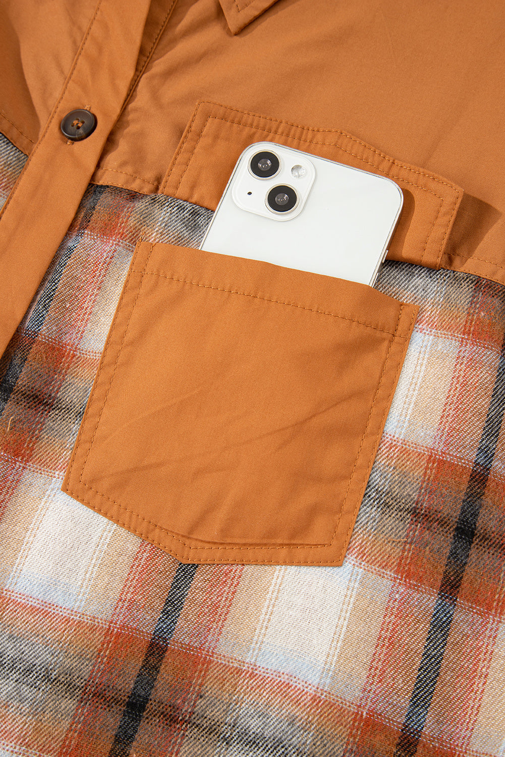 Khaki plaid patchwork ruffle hem tunic shirt dress by Dear-Lover, featuring color block design and mini length with button front.