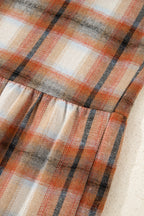 Khaki plaid patchwork tunic shirt dress with ruffle hem by Dear-Lover, featuring color block design and mini length.