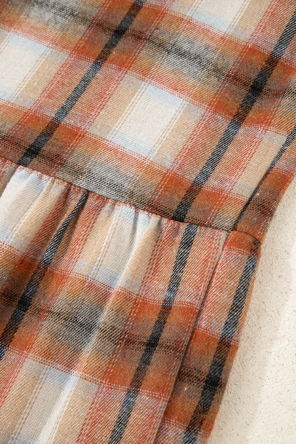 Khaki plaid patchwork tunic shirt dress with ruffle hem by Dear-Lover, featuring color block design and mini length.