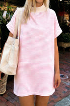 Pink striped Dear-Lover Palmetto Pocket Dress, a mini cotton and elastane dress with side pockets, perfect for casual wear.