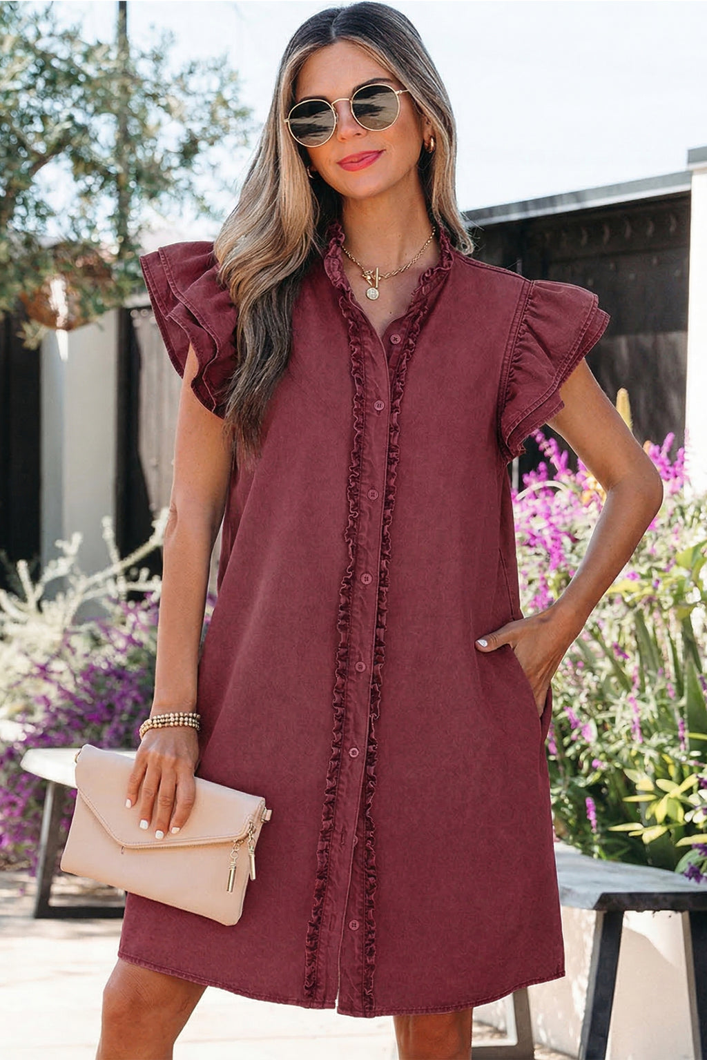 Red Sandalwood denim mini dress with frilled details, button-down front, and short sleeves, by Dear-Lover Dropshipping.