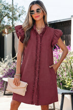 Red Sandalwood denim mini dress with frilled details, button-down front, and short sleeves, by Dear-Lover Dropshipping.