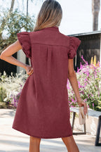 Red Sandalwood denim mini dress with ruffle details, button-down front, short sleeves, and frilled accents by Dear-Lover.