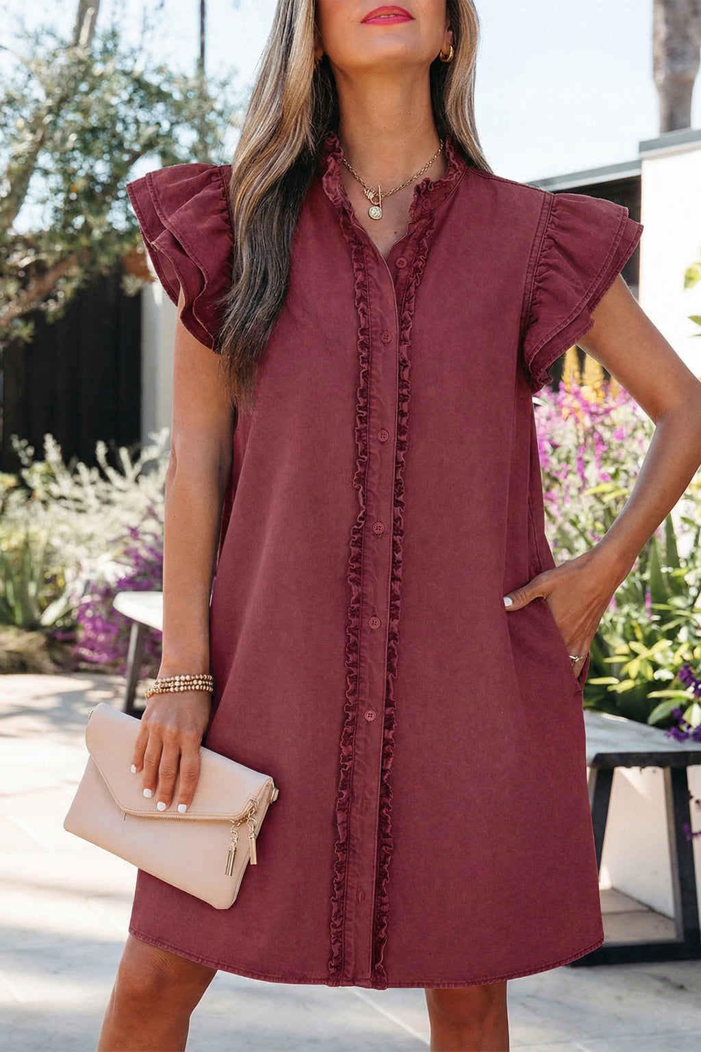 Red Sandalwood mini denim dress with frilled details, button-down front, and short sleeves by Dear-Lover.