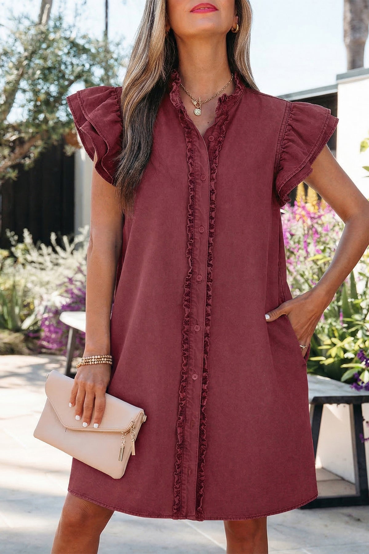 Red Sandalwood mini denim dress with frilled details, button-down front, and short sleeves by Dear-Lover.