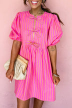 Rose striped print mini dress with bow detail and short puff sleeves, made of polyester, by Dear-Lover Dropshipping.