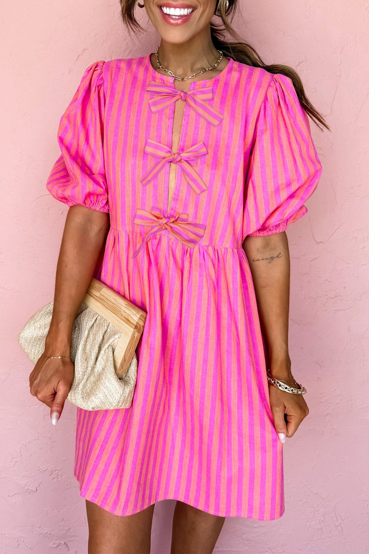 Rose striped print mini dress with bow detail and short puff sleeves, made of polyester, by Dear-Lover Dropshipping.
