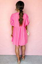 Rose striped print mini dress with bow detail, short puff sleeves, made of polyester, by Dear-Lover Dropshipping.