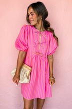 Rose striped print mini dress with bow detail, short puff sleeves, from Dear-Lover, made of 100% polyester.