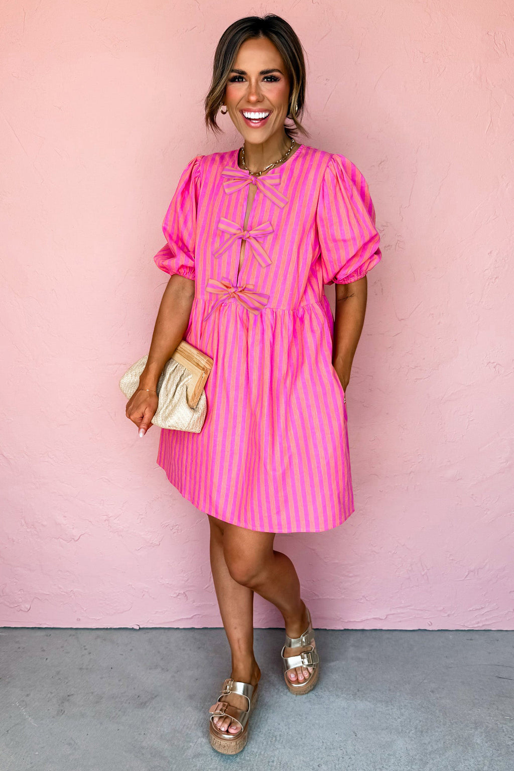 Rose striped print mini dress with bow detail and short puff sleeves by Dear-Lover Dropshipping