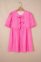 Rose striped print mini dress by Dear-Lover with bow detail, short puff sleeves, and lightweight polyester fabric.