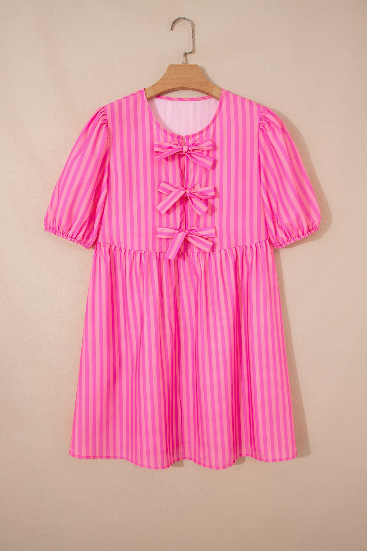 Rose striped print mini dress by Dear-Lover with bow detail, short puff sleeves, and lightweight polyester fabric.