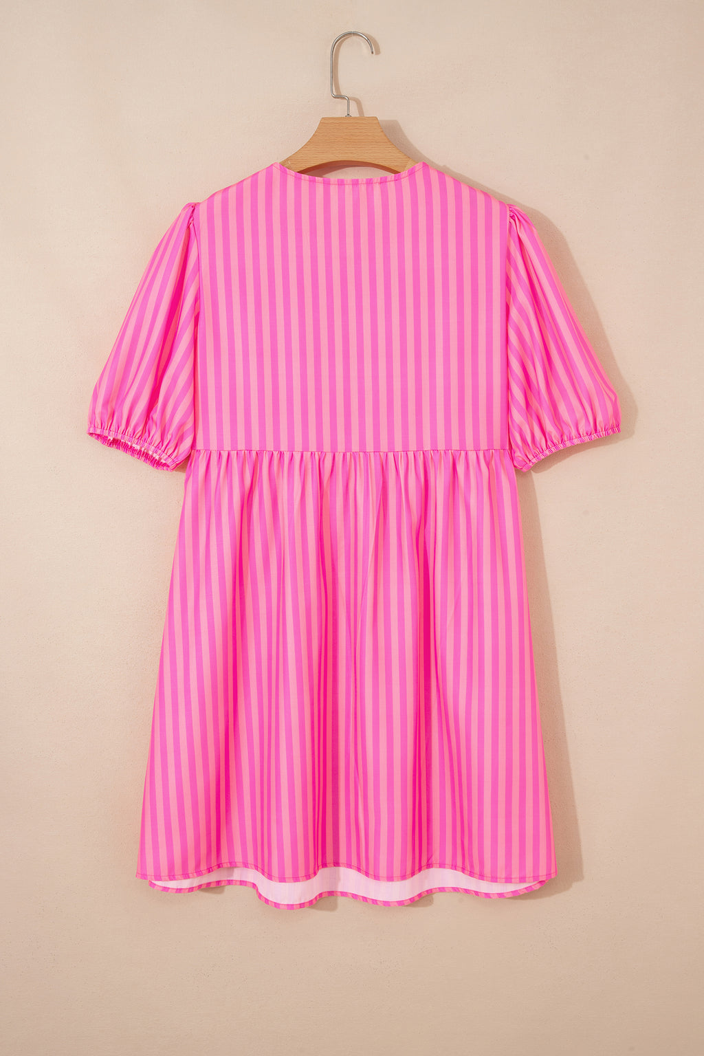Rose striped print mini dress with bow detail and short puff sleeves, made of polyester, by Dear-Lover Dropshipping.