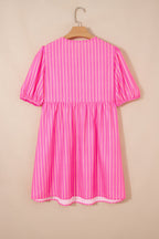 Rose striped print mini dress with bow detail and short puff sleeves, made of polyester, by Dear-Lover Dropshipping.