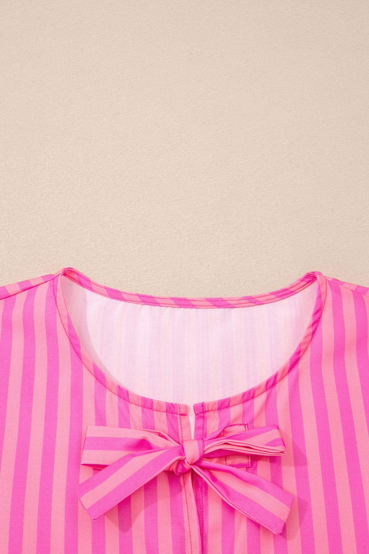 Rose striped print mini dress with bow detail, short puff sleeves, from Dear-Lover. Elegant, feminine summer dress.
