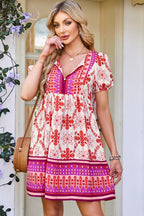 Dear-Lover Rose Boho Floral Mini Dress with short sleeves, V-neck, lace-up front, lightweight viscose blend, perfect for casual wear.