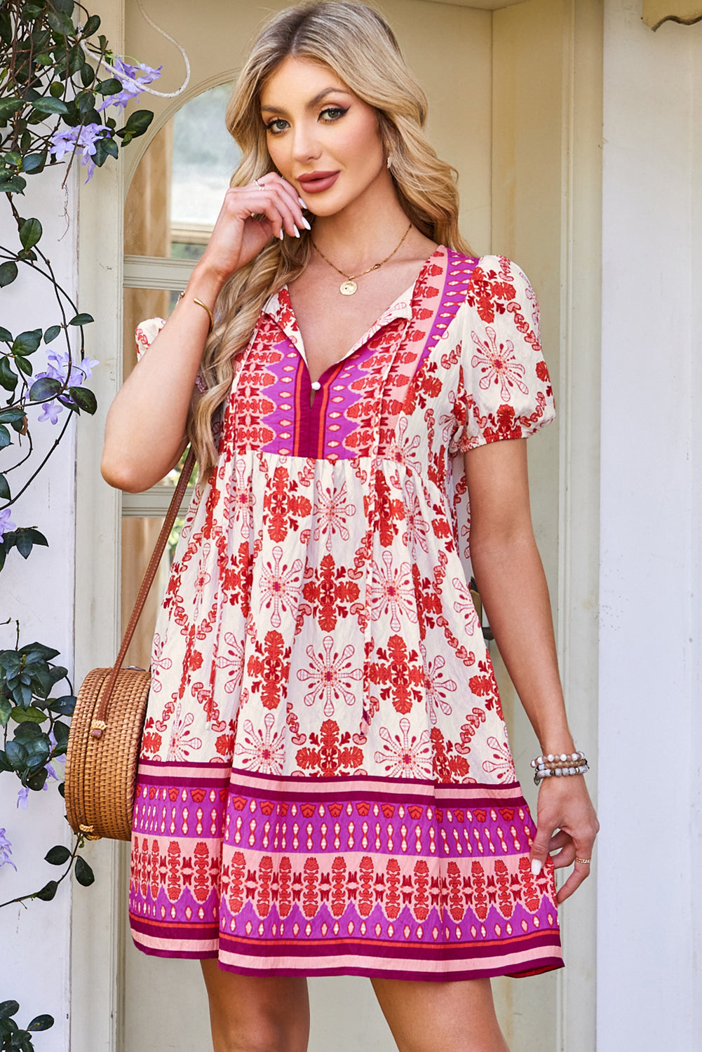 Dear-Lover Rose Boho Floral Mini Dress with short sleeves, V-neck, lace-up front, lightweight viscose blend, perfect for casual wear.