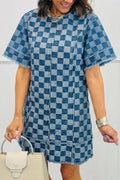 Sky blue checkered denim mini dress with frayed hem and short sleeves, casual style by Dear-Lover Dropshipping.