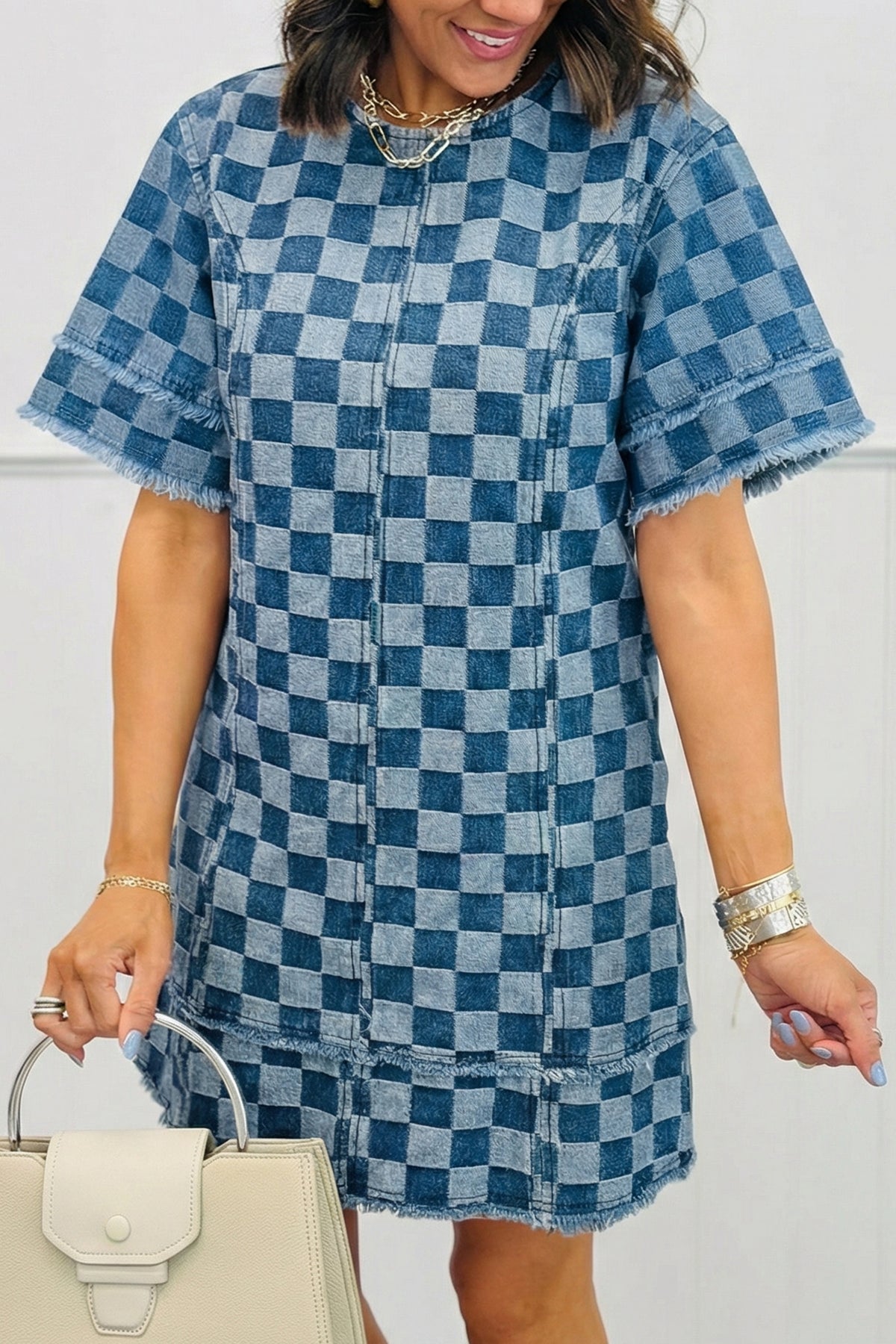 Sky blue checkered denim mini dress with frayed hem and short sleeves, casual style by Dear-Lover Dropshipping.