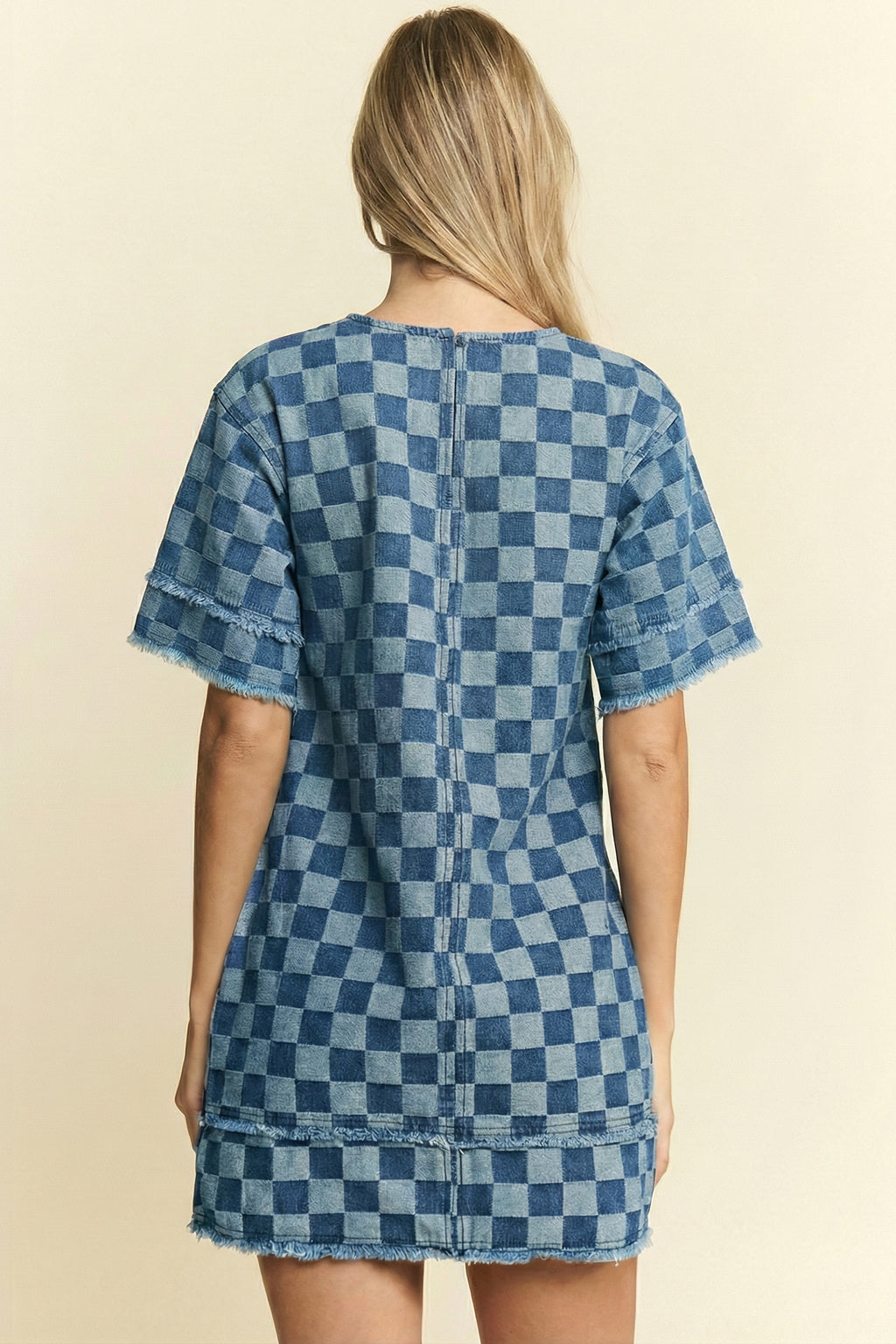 Sky blue checkered denim mini dress with frayed hem from Dear-Lover, featuring a casual, sleeveless design and lightweight cotton-poly blend fabric.