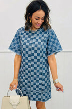 Sky blue checkered denim mini dress with frayed hem by Dear-Lover, featuring a casual sleeveless design and cotton-polyester fabric.