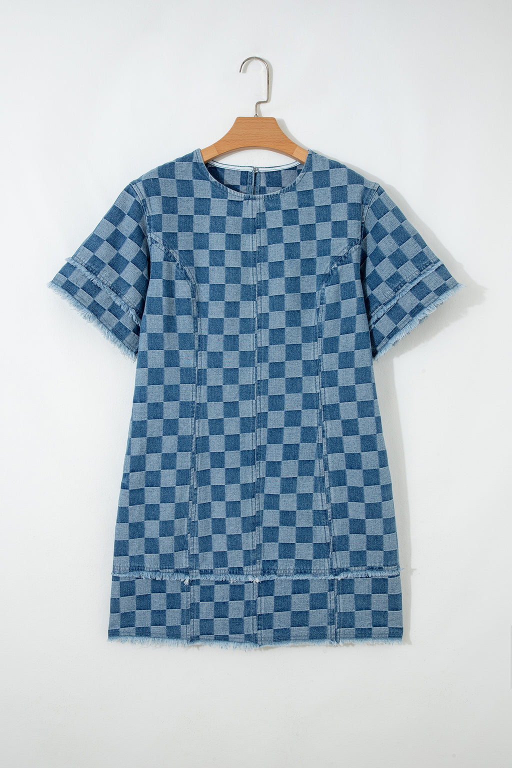 Sky blue checkered denim mini dress with frayed hem, casual short dress for women by Dear-Lover Dropshipping.