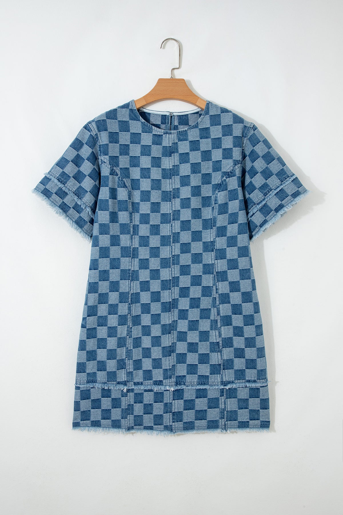 Sky blue checkered denim mini dress with frayed hem, casual short dress for women by Dear-Lover Dropshipping.
