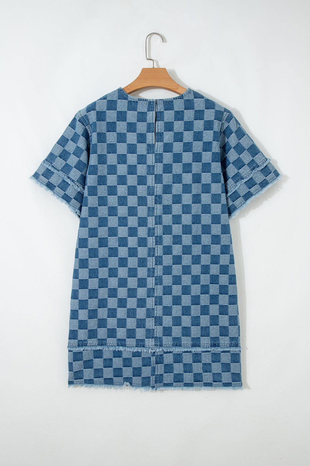 Sky blue checkered denim mini dress with frayed hem by Dear-Lover, featuring a casual sleeveless design and cotton-polyester blend fabric.