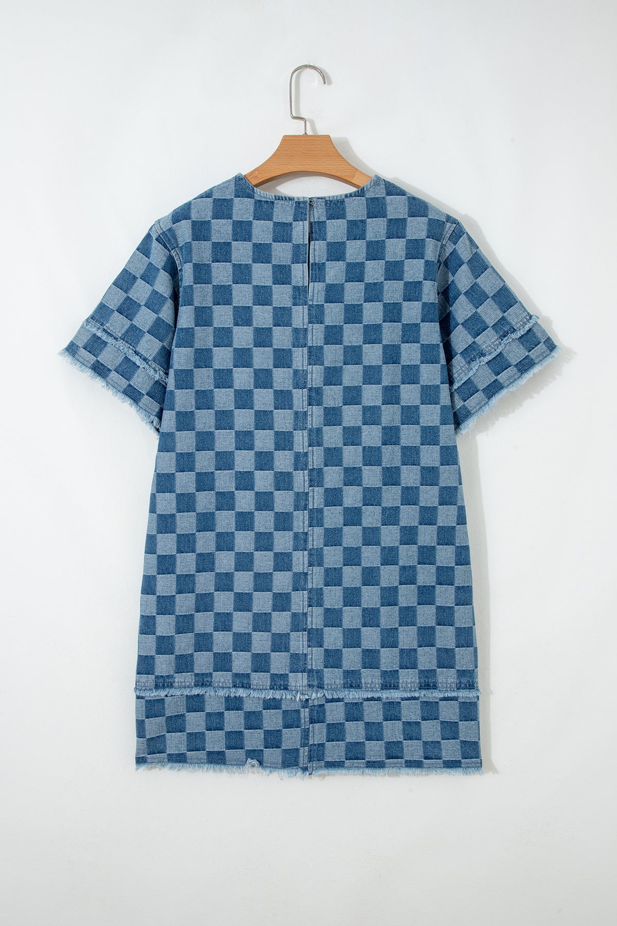 Sky blue checkered denim mini dress with frayed hem by Dear-Lover, featuring a casual sleeveless design and cotton-polyester blend fabric.