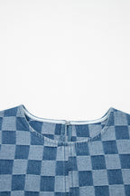 Sky blue checkered denim mini dress with frayed hem from Dear-Lover, featuring a casual, sleeveless design and cotton-polyester blend fabric.