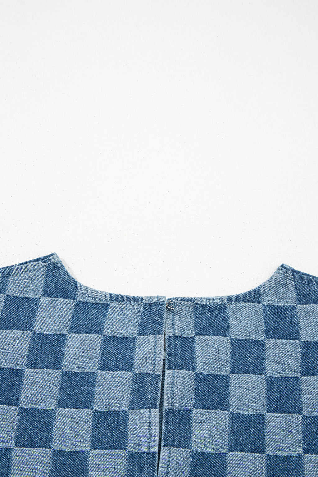 Sky blue checkered denim mini dress with frayed hem, casual style, made of cotton and polyester, by Dear-Lover Dropshipping.