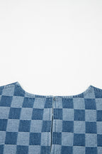 Sky blue checkered denim mini dress with frayed hem, casual style, made of cotton and polyester, by Dear-Lover Dropshipping.