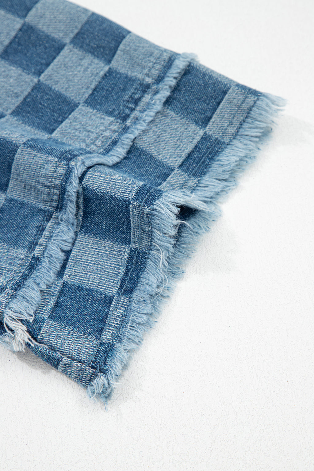 Sky blue checkered denim mini dress with frayed hem from Dear-Lover, featuring a casual sleeveless design and cotton-polyester fabric blend.