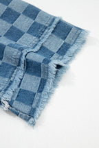 Sky blue checkered denim mini dress with frayed hem from Dear-Lover, featuring a casual sleeveless design and cotton-polyester fabric blend.