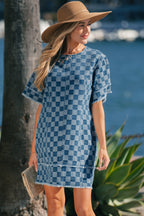 Sky blue checkered denim mini dress with frayed hem from Dear-Lover, featuring a casual sleeveless design and cotton-polyester blend fabric.