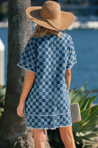Sky blue checkered denim mini dress with frayed hem from Dear-Lover, featuring a casual, stylish look for warm-weather wear.