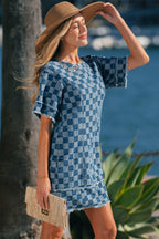Sky blue checkered denim mini dress with frayed hem by Dear-Lover, featuring a casual, stylish design perfect for warm weather.