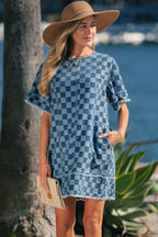 Sky blue checkered denim mini dress with frayed hem, sleeveless design, cotton-polyester blend, from Dear-Lover.
