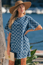 Sky blue checkered denim mini dress with frayed hem from Dear-Lover, featuring a casual sleeveless design and cotton-polyester fabric.