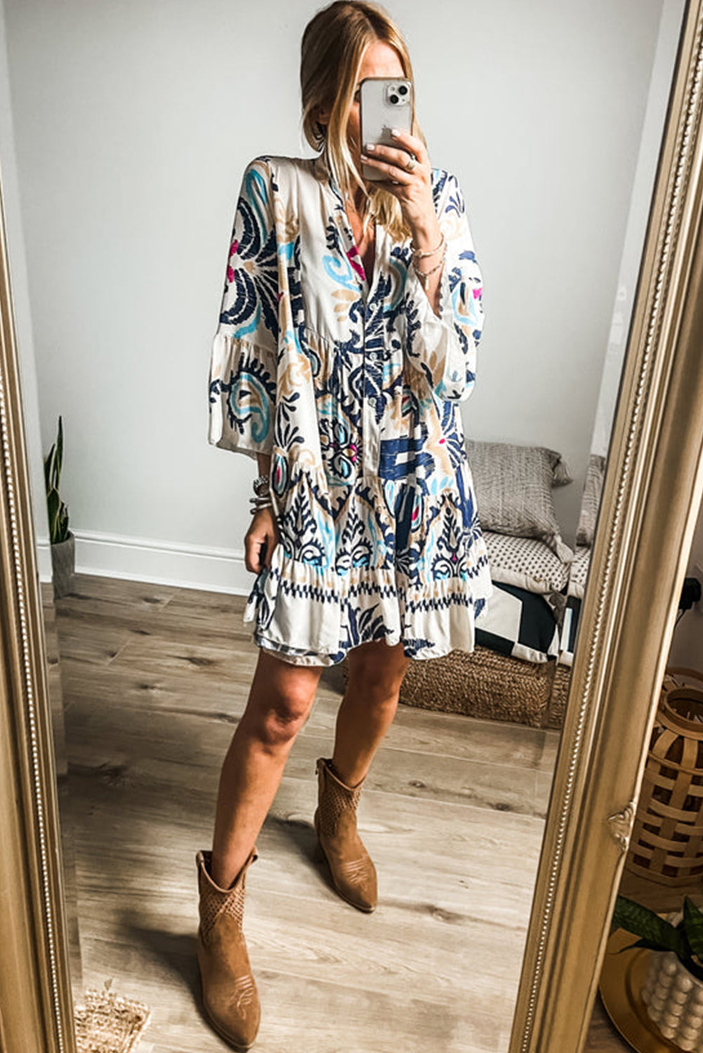 White printed tribal bracelet sleeve mini dress by Dear-Lover, featuring a buttoned front and lightweight polyester fabric.