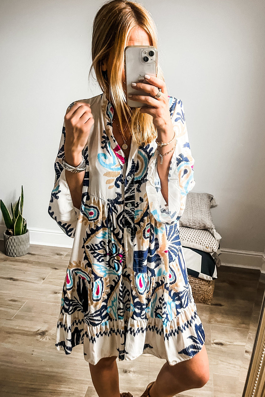 White printed tribal mini dress with bracelet sleeves and buttoned front by Dear-Lover, made of lightweight polyester fabric.
