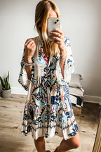 White printed tribal mini dress with bracelet sleeves and buttoned front by Dear-Lover, made of lightweight polyester fabric.