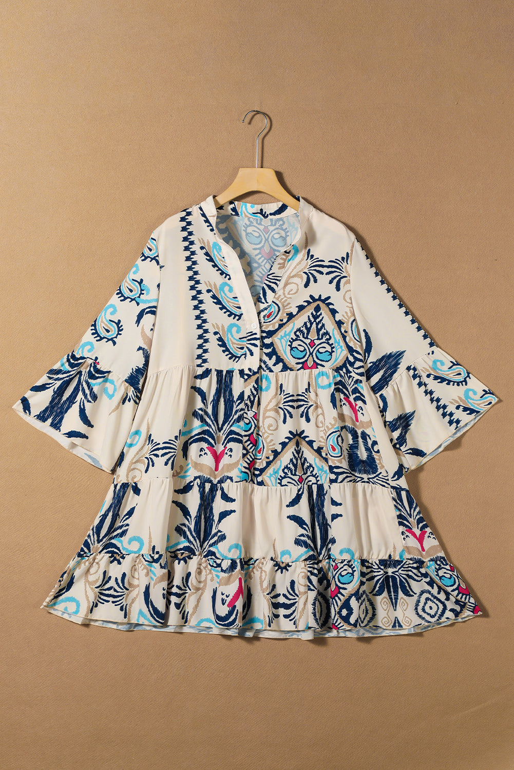 White printed tribal mini dress with bracelet sleeves and button details by Dear-Lover, made of lightweight polyester fabric.