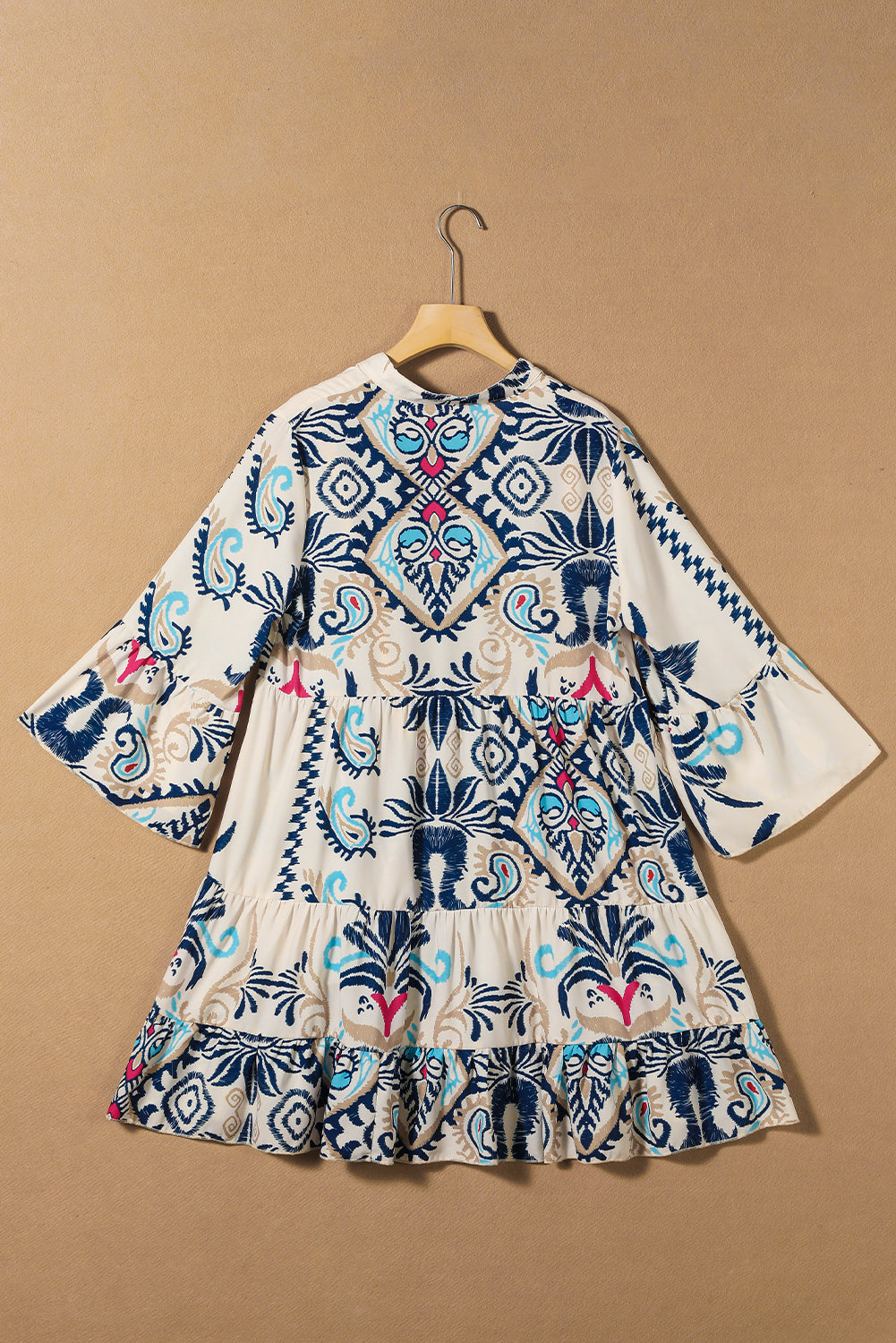 White printed tribal mini dress with bracelet sleeves, buttoned front, from Dear-Lover, made of lightweight polyester fabric.