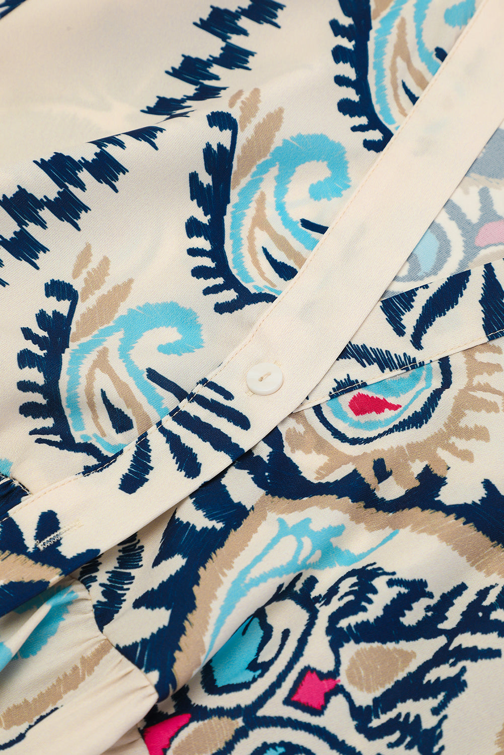White printed tribal mini dress with bracelet sleeves and button details, stylish Dear-Lover dress for casual occasions.