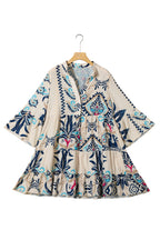 White printed tribal mini dress with bracelet sleeves and button details, made of lightweight polyester by Dear-Lover.
